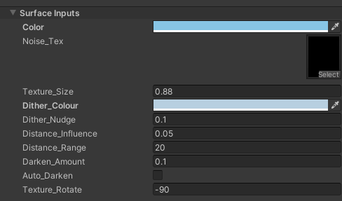 Screenshot of a Unity Material options panel. Options pictured are Color, Noise texture, Texture Size, Dither colour, Dither Nudge, Distance Influence, Distance Range, Darken Amount, Auto Darken and Texture Rotate.